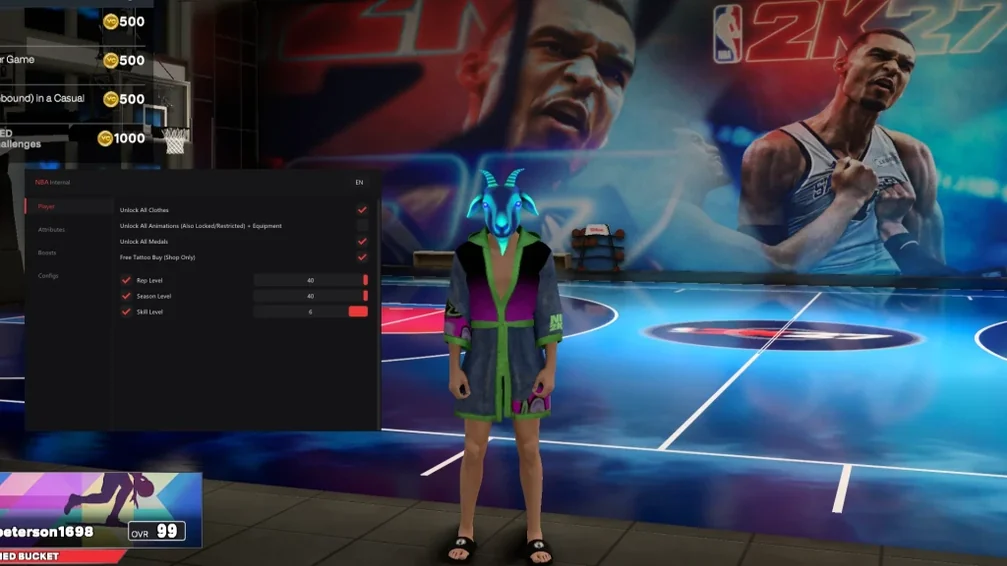 NBA Internal menu on the Player tab with unlock toggles and rep level sliders.