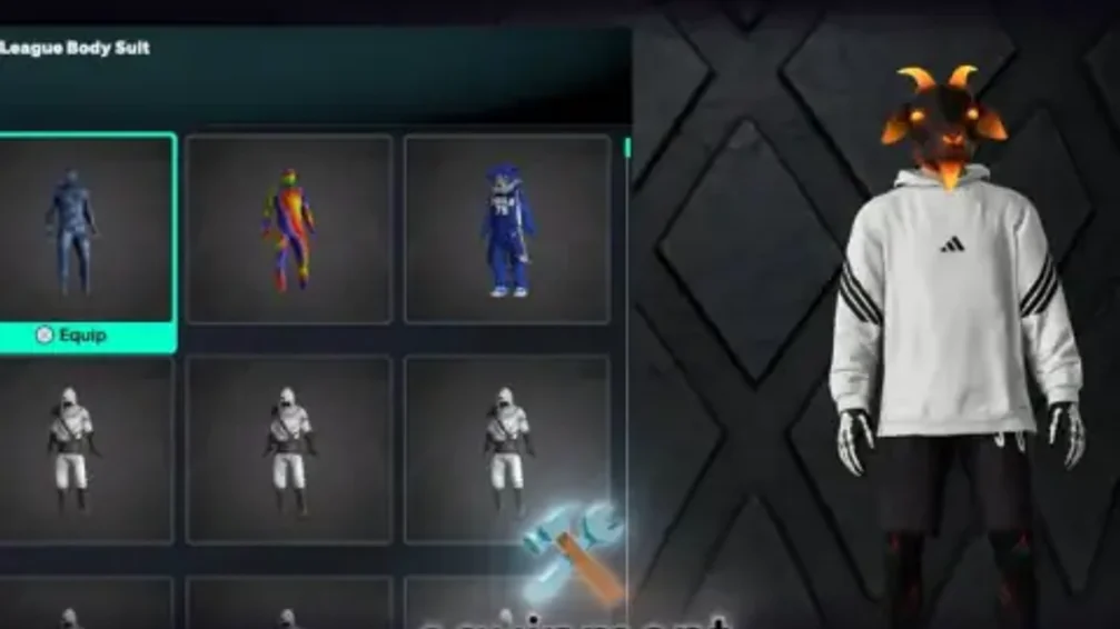 League body suit wardrobe grid with a MyPLAYER preview in unlock cosmetics.